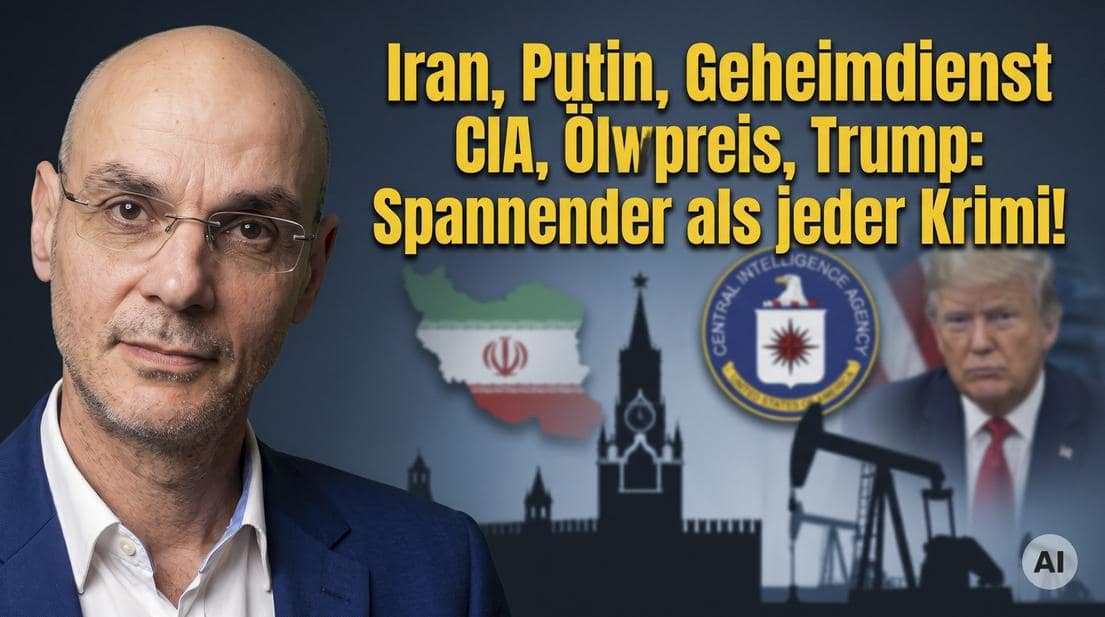 Politiker mit iranischer Flagge und Trump im Hintergrund, geopolitische Themen.