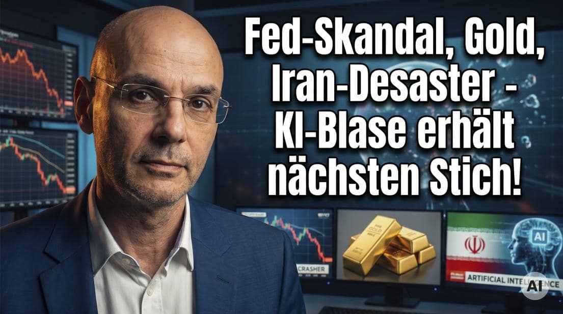 Finanzexperte vor Börsentafeln mit Goldbarren und KI-Symbolen.