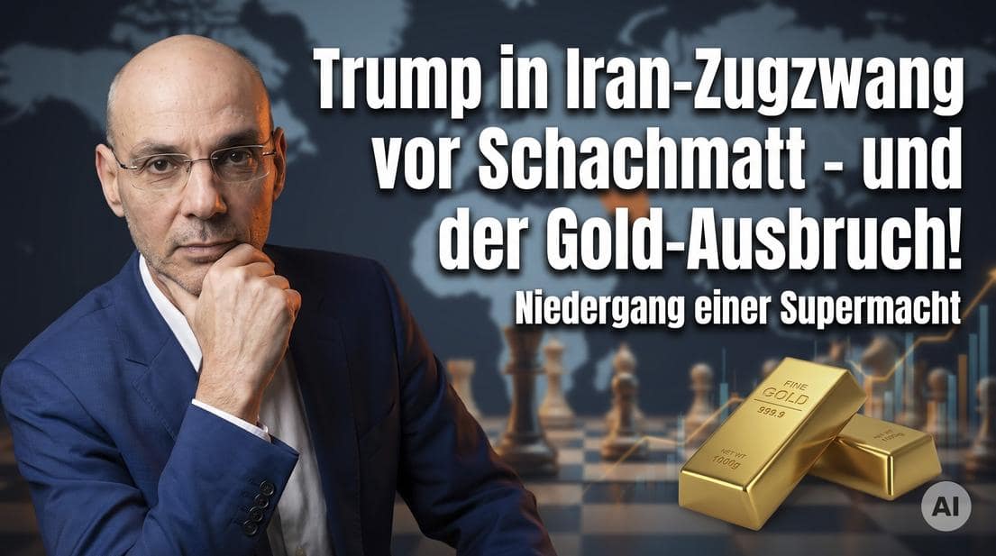 Mann in Anzug vor Schachbrett mit Goldbarren, politische und Finanzthemen.