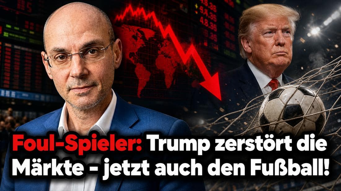 Trump, Finanzmärkte und Fußball mit fallendem Kurs-Graphik.