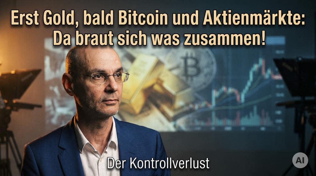 Finanzexperte vor digitalem Börsen-Chart mit Gold- und Bitcoin-Symbolen.
