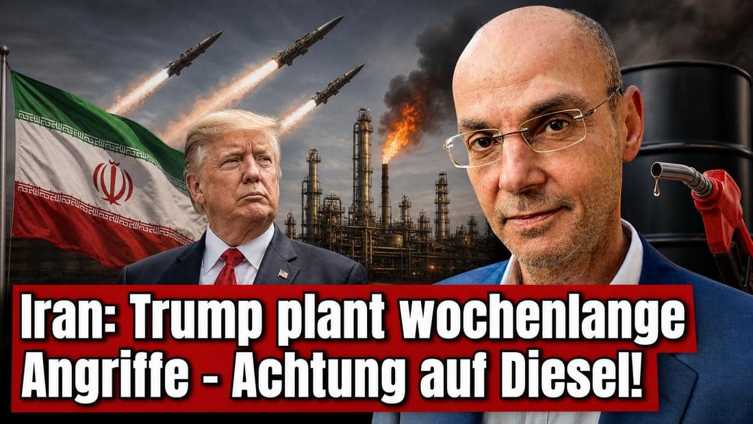 Irans Atomkraftwerk mit Trump und Drohnen im Hintergrund.