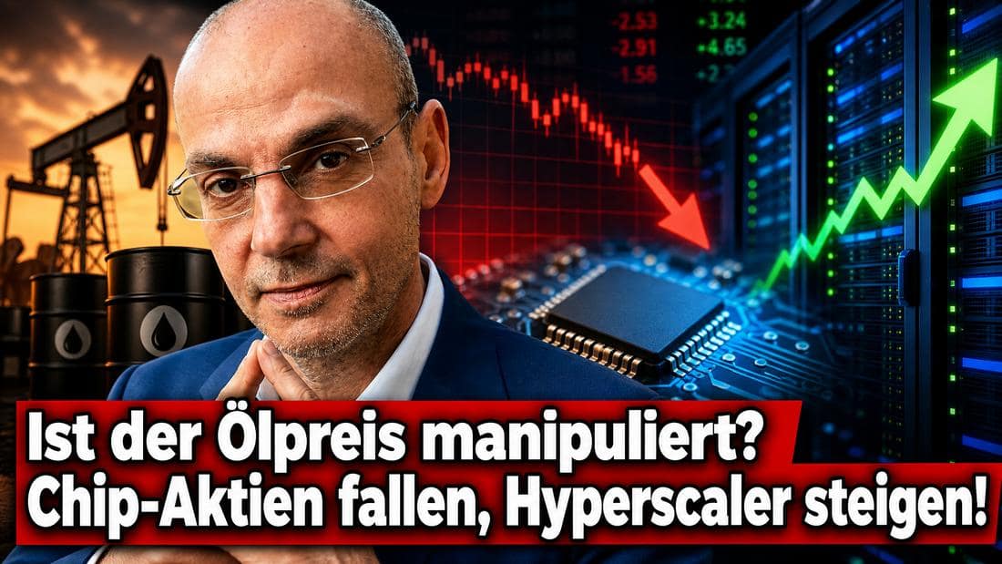 Finanzexperte vor Ölbohrinsel mit fallenden und steigenden Aktienkursen im Hintergrund.