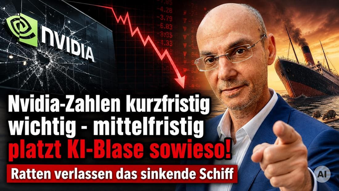 Nvidia-Zahlen und fallende Kurve, KI-Blase im Fokus.