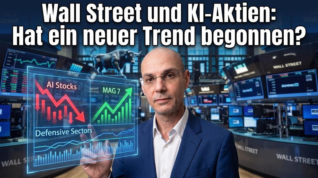 Finanzexperte vor digitalen Börsendiagrammen zu KI-Aktien und Wall Street.