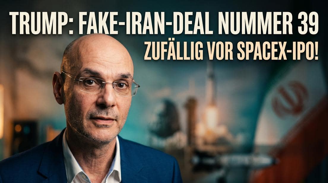 Hauptbildschirm mit Donald Trump, der eine Schlagzeile zu einem angeblichen Iran-Deal und SpaceX-IPO.