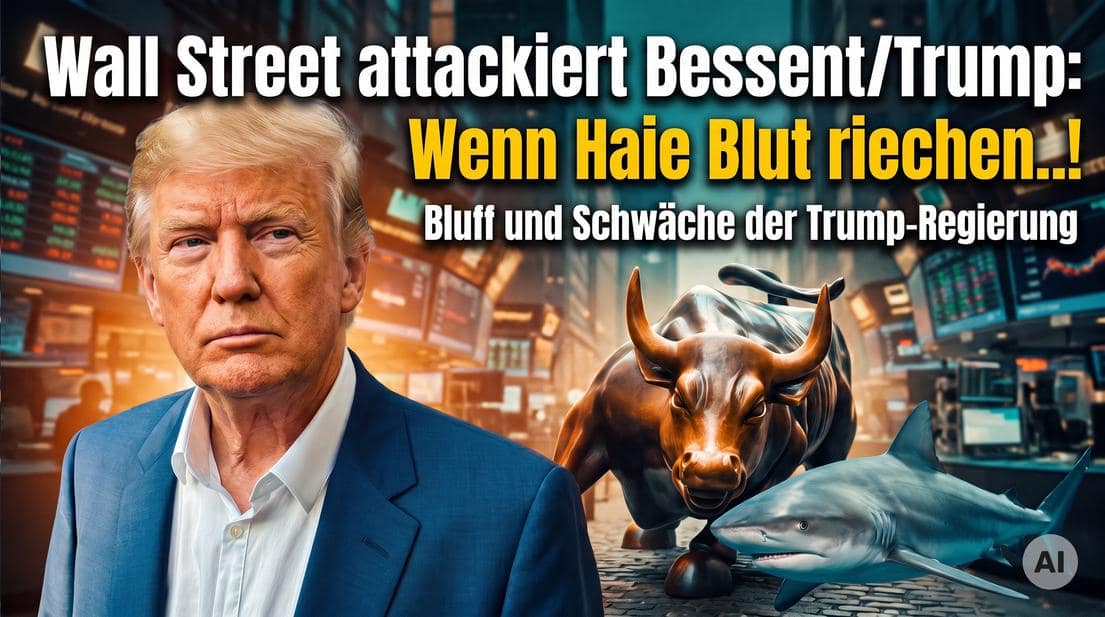 Donald Trump vor Börsenbild mit Bulle und Haifisch, Finanzmarkt-Kritik.