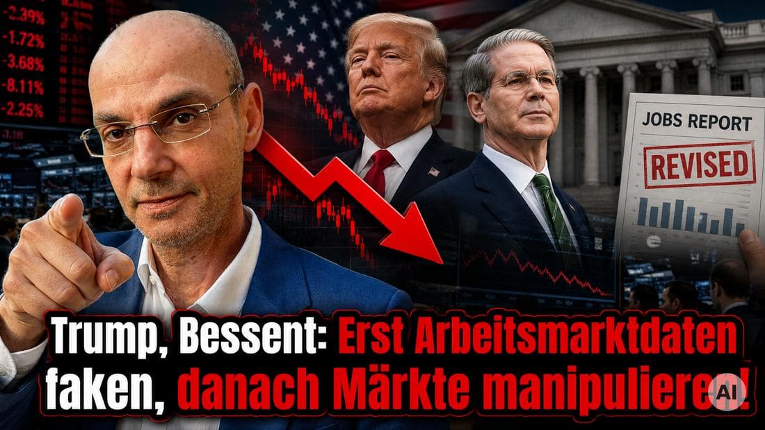 Finanzexperte vor fallenden Aktienkursen mit Trump und Marktkurven im Hintergrund.