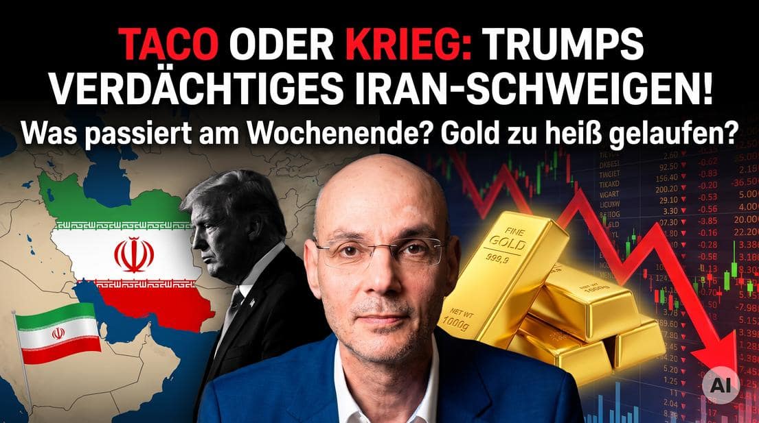 Trump, Gold und Iran-Karte vor fallendem Aktienchart.