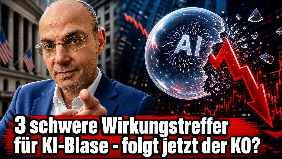 Experte vor digitaler KI-Grafik mit fallender Kurve.