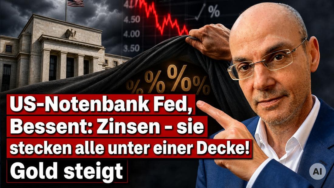 Finanzexperte vor US-Notenbank mit fallenden Zinsdiagrammen im Hintergrund.