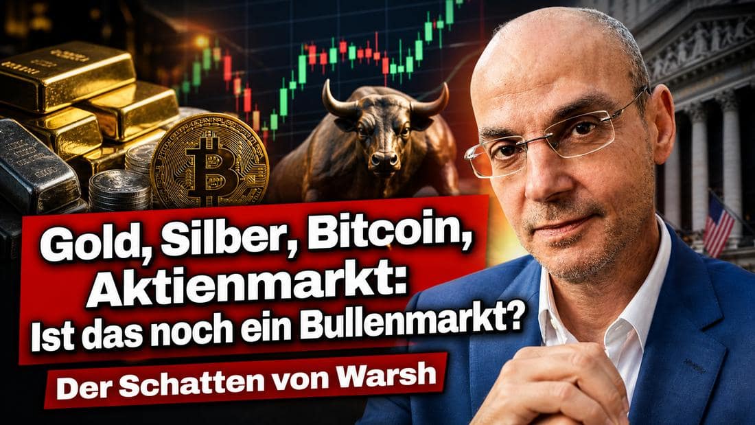 Finanzmarkt mit Gold, Silber, Bitcoin und Aktien, Bullenmarkt im Fokus.