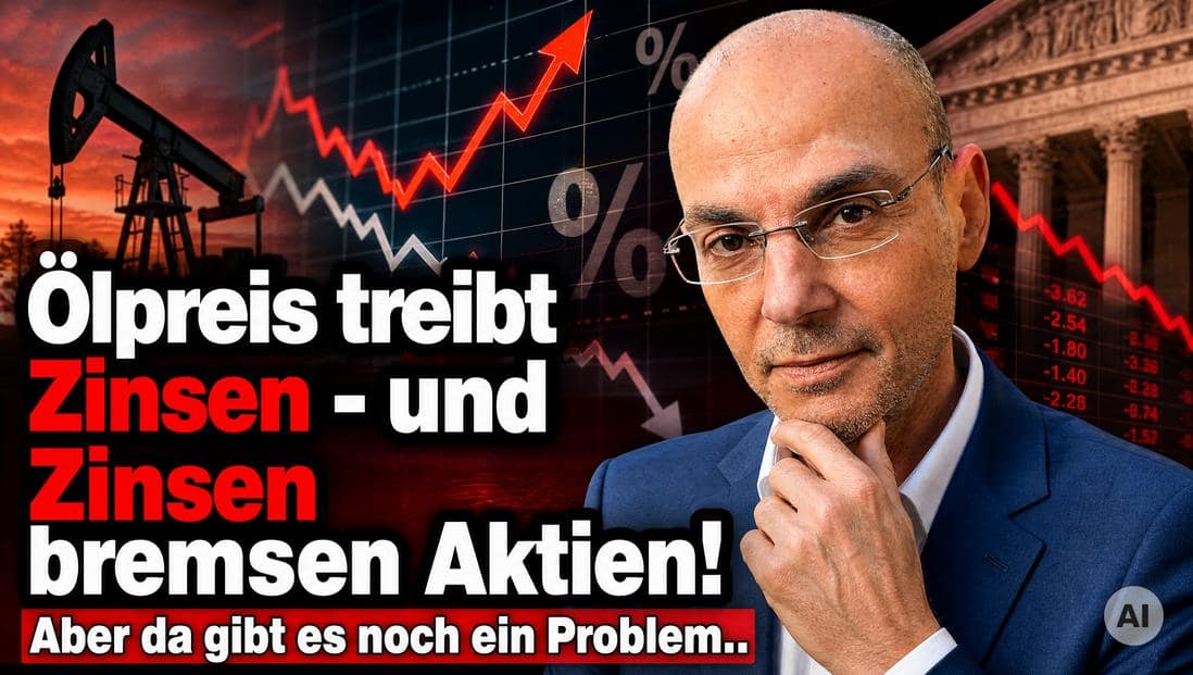 Finanzexperte vor fallendem Aktienchart und Ölpreis-Graph.