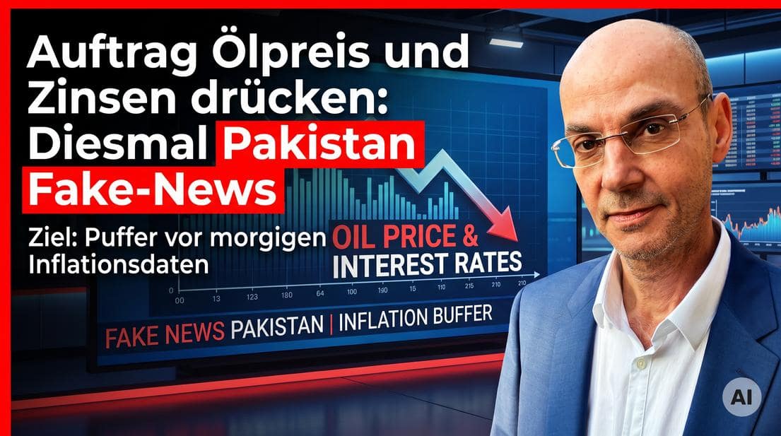 Experte vor einem Bildschirm mit Finanzdaten und Fake-News-Alert zu Pakistan.