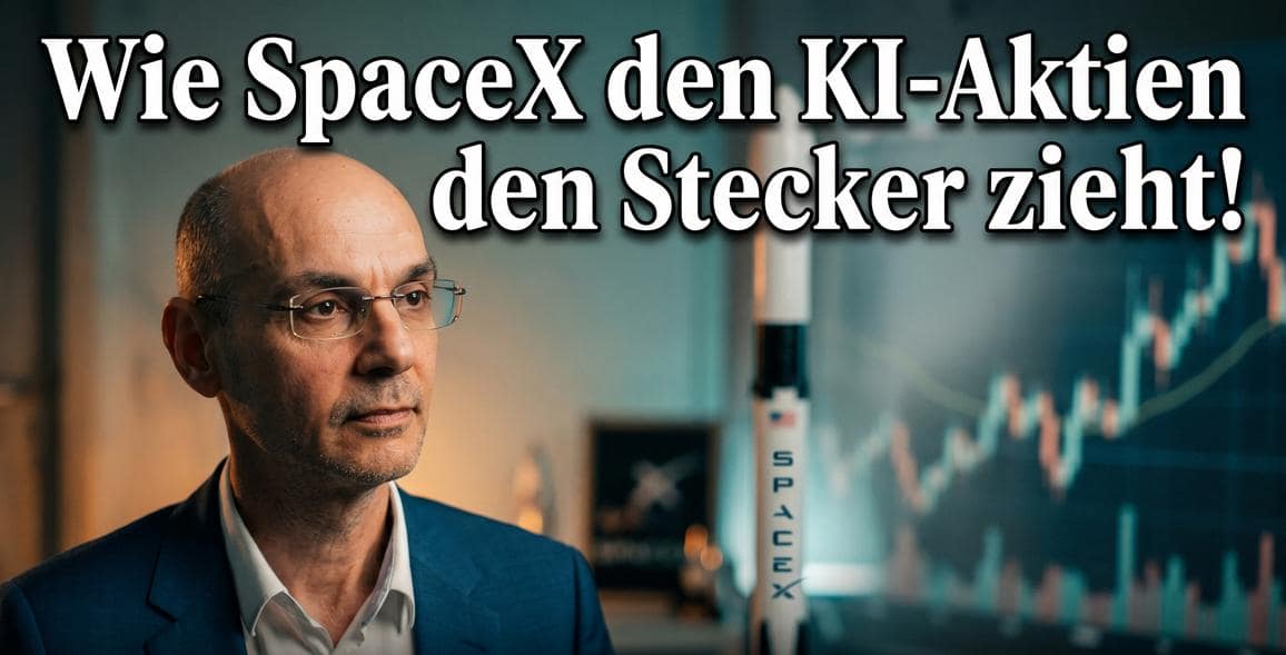 Experte vor einem Bildschirm mit Finanzcharts und SpaceX-Rakete.