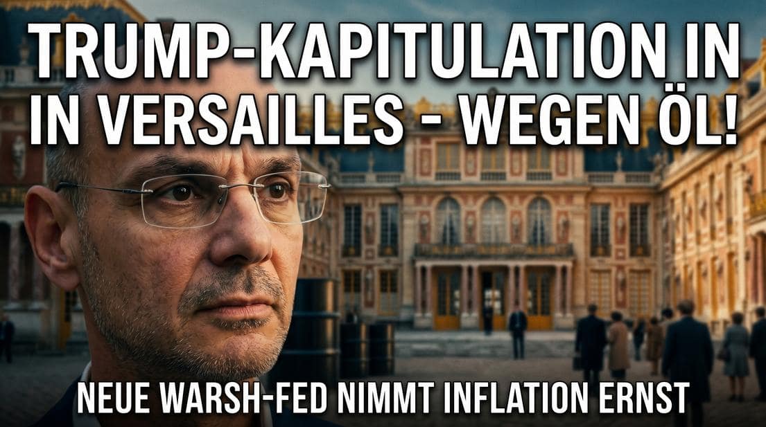 Donald Trump vor dem Palast in Versailles, Fokus auf sein Gesicht.