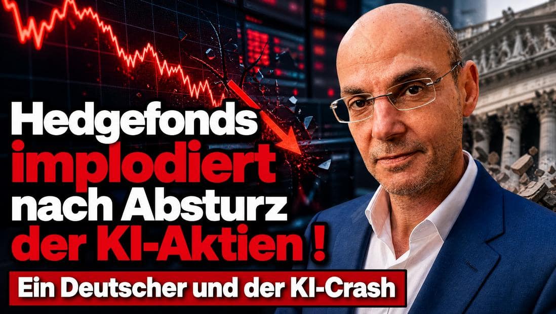 Finanzexperte vor fallendem Aktienchart und KI-Symbol.