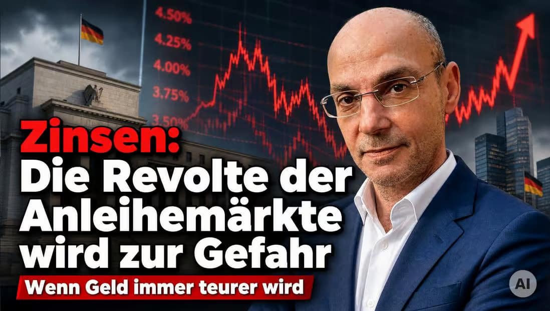 Finanzexperte vor fallendem Aktienchart mit Zinsentwicklung im Hintergrund.