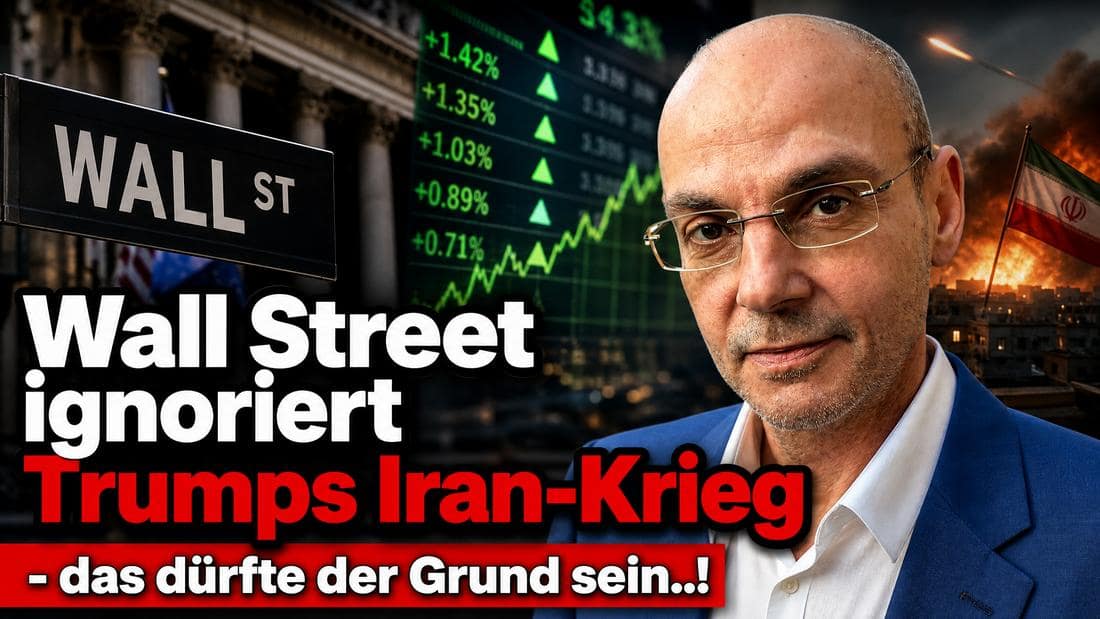Finanznachrichten mit Wall Street und Trump-Iran-Konflikt im Hintergrund.