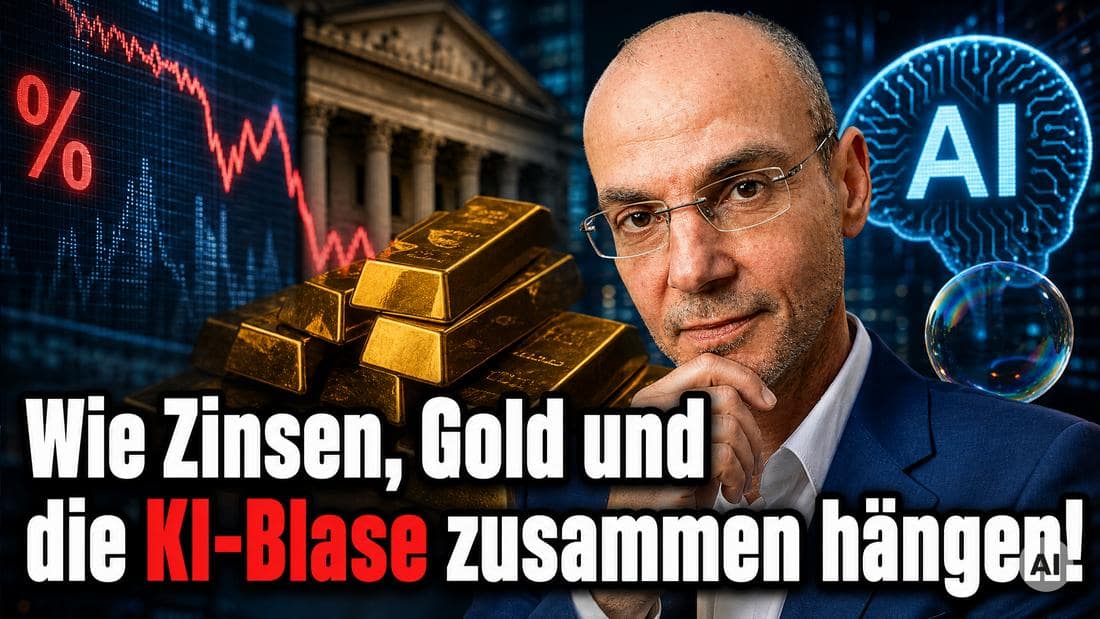 Finanzexperte vor digitalem Hintergrund mit Goldbarren, KI-Symbol und Finanzcharts.