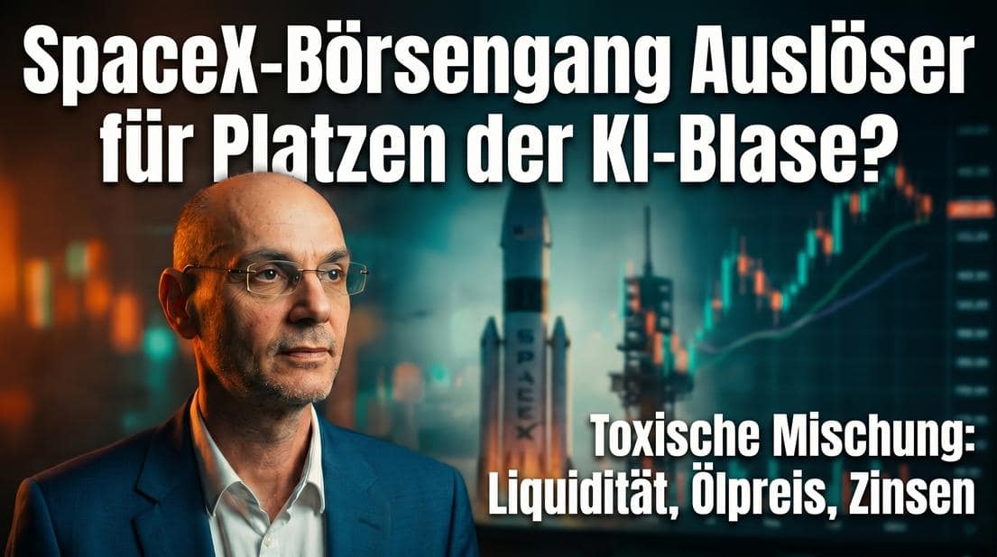 Hauptbild eines Mannes vor einem digitalen Börsenhintergrund mit SpaceX-Rakete.
