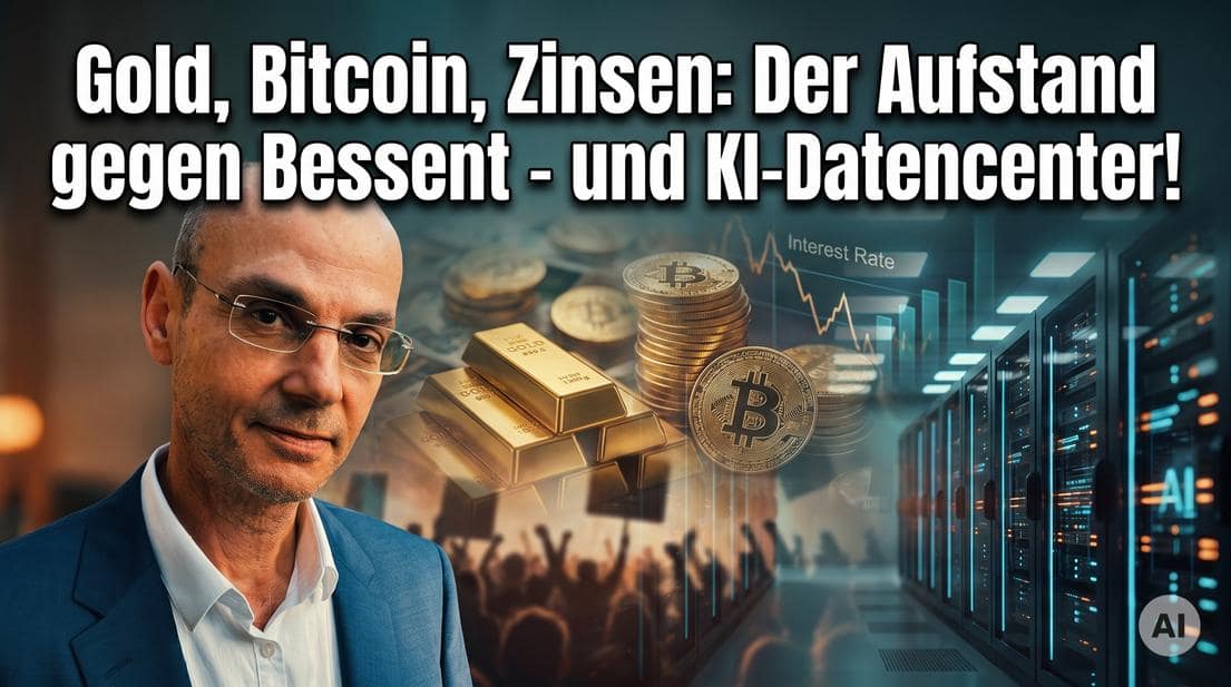 Finanzexperte vor digitalem Hintergrund mit Gold, Bitcoin und Zinsdiagrammen.