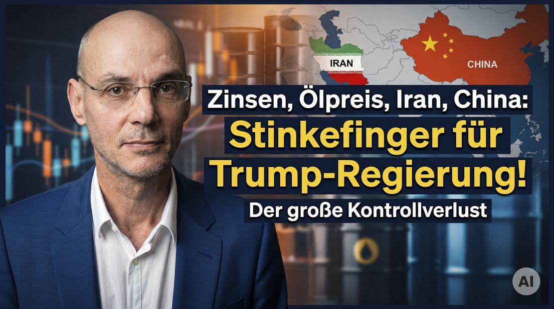 Finanzexperte vor Weltkarte mit Iran und China, Marktkommentar zu Trump.