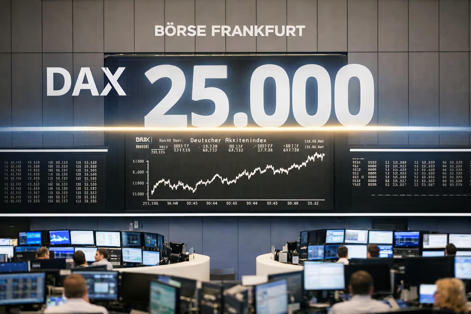 25.000 Punkte DAX am Frankfurter Börsenbild, Live-Handel, Aktienmarkt, Finanznachrichten, Börse Frankfurt.