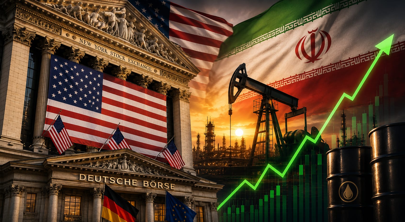 Hochsicherer Blick auf die Börse mit US- und Iran-Flaggen bei Sonnenuntergang, Ölpreise und Kursanst.
