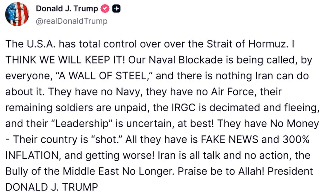 Trump: Die USA kontrollieren die Straße von Hormus, „ich denke, wir werden sie behalten“ – bestätigt Strategie der wirtschaftlichen Blockade und weitere Updates Trump: Die USA kontrollieren die Straße von Hormus, „ich denke, wir werden sie behalten“ – bestätigt Strategie der wirtschaftlichen Blockade und weitere Updates